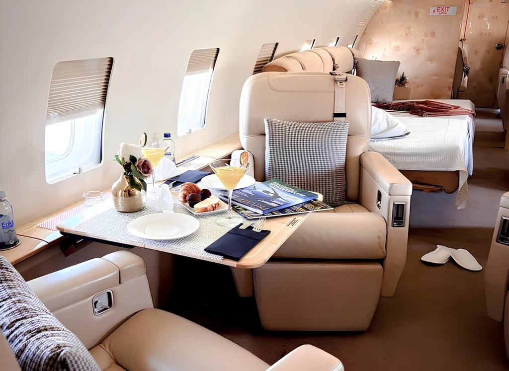 Luxury private jet interior seating and cabin