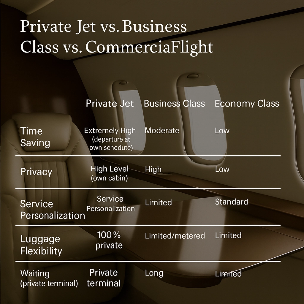 Comparison chart for private jet services and features