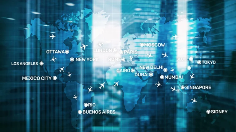 Global travel and aviation world map concept
