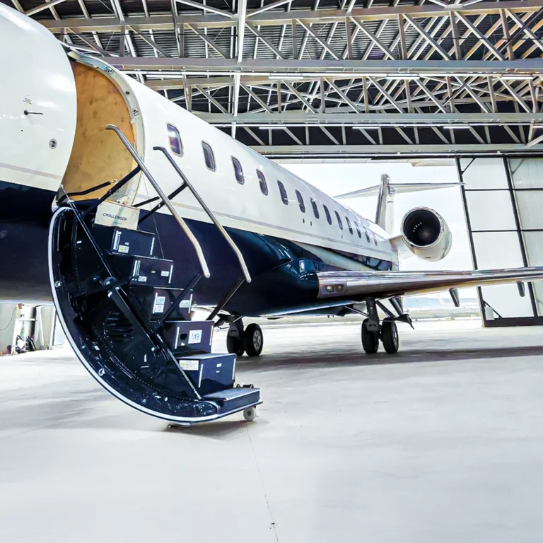 Private jet exterior view with sky and runway