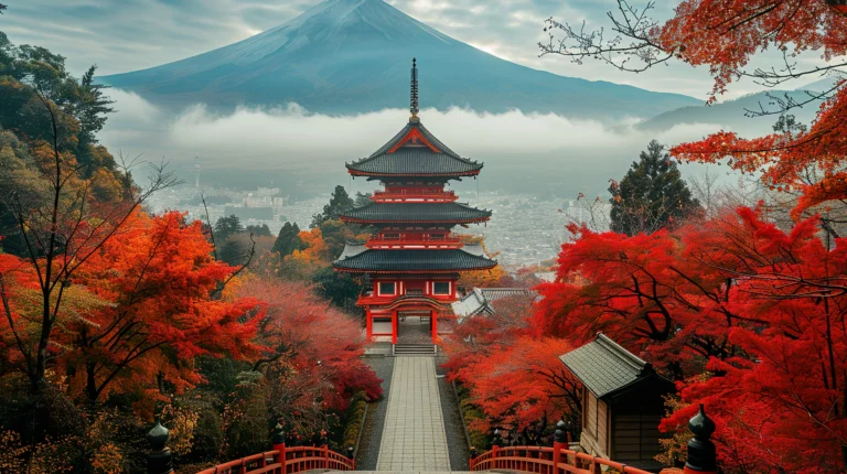 Traditional pagoda temple with city background