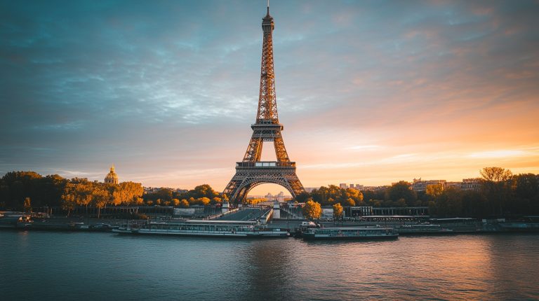 eiffel tower sunset seine river paris with vibrant sky autumn trees reflecting İstanbul – Paris Özel Jet Uçuşu: Süre ve VIP Rehberi 2026